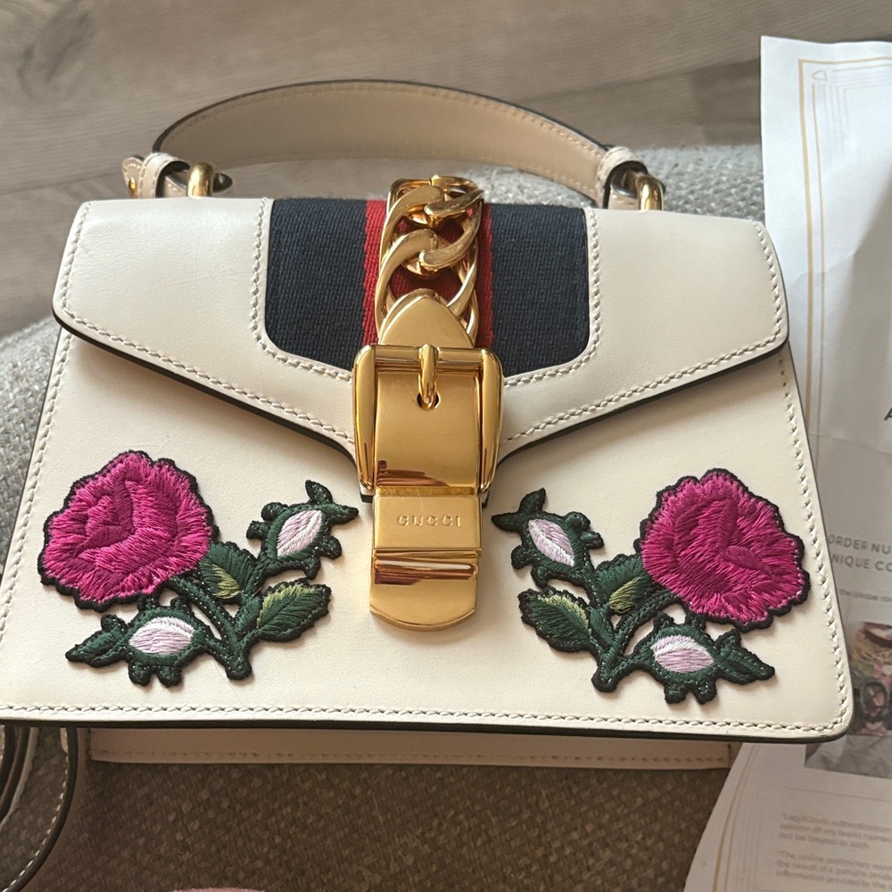Gucci Cream Crossbody Bag with Pink Floral Embroidery